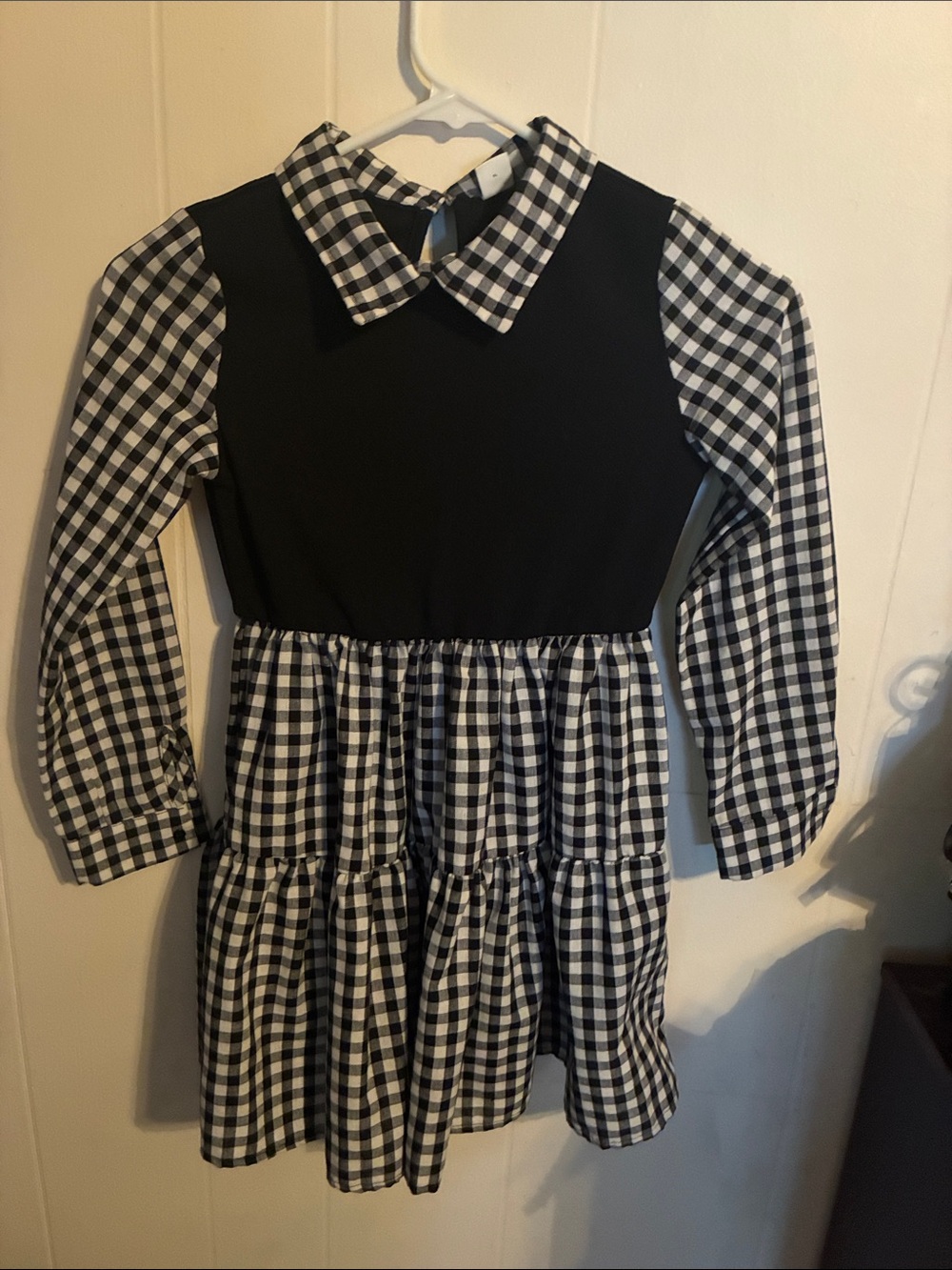 SHEIN Black & White Gingham Panel Long-Sleeve Dress
